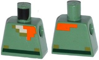 Lego Torso Pixelated Shirt with Olive Green Collar and Dark Green Belt, Light Nougat Neck, Orange Hair Pattern / Sand Green