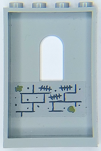 Lego Panel 1 x 4 x 5 Wall with Window with Bricks, Dark Bluish Gray Mortar, Tally Marks and Olive Green Moss Pattern on Inside (Sticker) - Set 70435