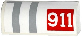 Lego Slope, Curved 1 x 4 x 1 1/3 with '911' in Red Rectangle and Gray Stripes Pattern Model Right Side (Sticker) - Set 75912 / White