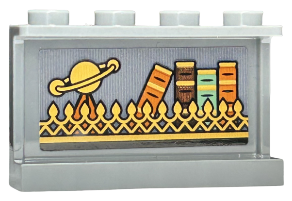 Lego Panel 1 x 4 x 2 with Side Supports - Hollow Studs with Gold Ornate Fence with Spikes, Planet and Books Pattern (Sticker) - Set 76411 / Dark Bluish Gray