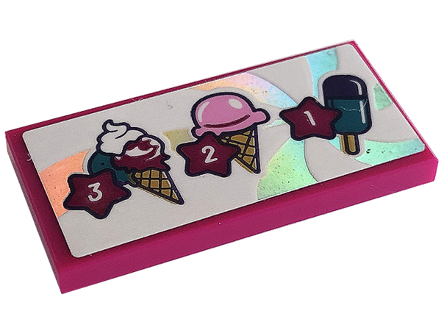Lego Tile 2 x 4 with Menu with Ice Cream Cones, Popsicle, and Number 3, 2, and 1 in Stars Pattern (Sticker) - Set 41687 / Magenta