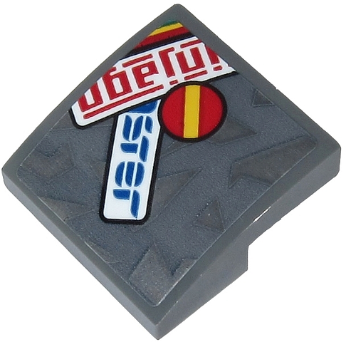 Lego Slope, Curved 2 x 2 x 2/3 with Red 'injago', Blue 'ster' and Yellow Stripe on Red Circle Pattern (Sticker) - Set 71710 / Dark Bluish Gray
