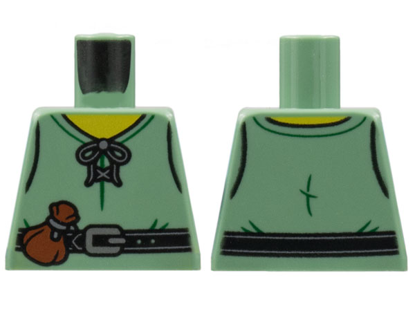 Lego Torso Laced Shirt, Yellow Neck, Black Belt, Silver Buckle, Reddish Brown Pouch Pattern / Sand Green