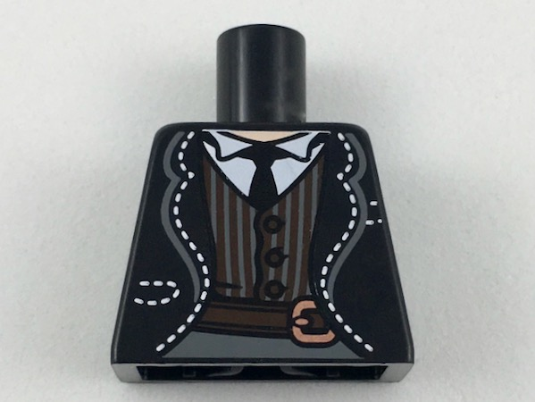 Lego Torso Jacket with White Stitching, White Shirt, Black Tie, Dark Brown Striped Vest and Belt Pattern / Black