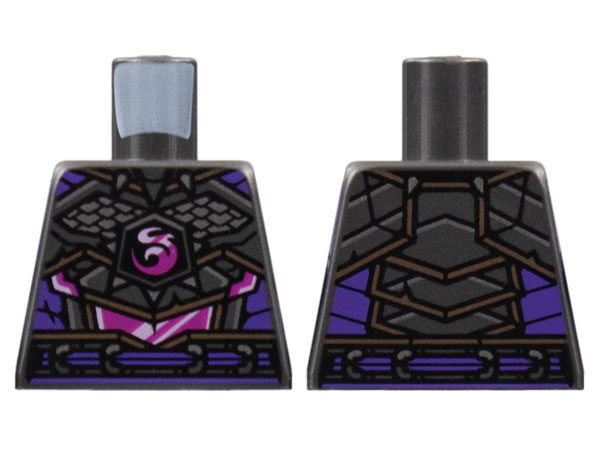 Lego Torso Armor, Silver Spikes and Scales, Magenta Dragon Logo and Midriff, Dark Purple Trim Pattern / Pearl Dark Gray
