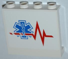 Lego Panel 1 x 4 x 3 with Side Supports - Hollow Studs with Red Heart Monitor Line and EMT Star of Life Pattern Model Right Side (Sticker) - Set 4429 / White