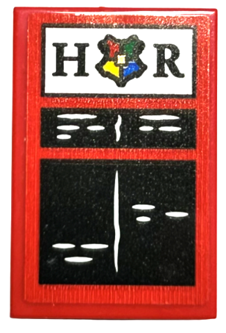 Lego Tile 2 x 3 with Black Note Board and Letter H and R with Hogwarts Symbol / Shield and White Writing Pattern (Sticker) - Set 76423
