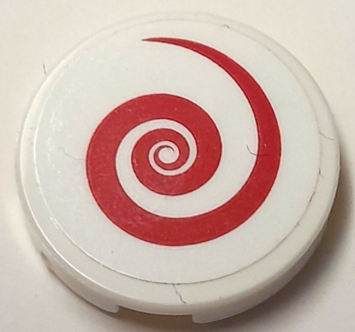 Lego Tile, Round 2 x 2 with Bottom Stud Holder with Red Spiral Pattern (Sticker) - Set 40166 / White