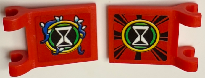 Lego Flag 2 x 2 Square with Flared Edge with Hourglass in Bright Green and Yellow Circles, Blue, White and Medium Azure Vines and Black Stripes Pattern on Both Sides Model Left Side (Stickers) - Set 71461