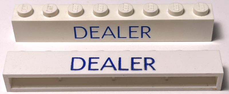 Lego Brick 1 x 8 without Bottom Tubes with Cross Side Supports with Blue 'DEALER' Sans-Serif Thin (Letters Close) Pattern / White