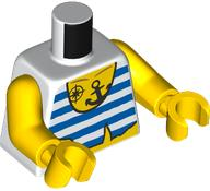 Lego Torso Pirate Tank Top with Tattered Hem and Blue Horizontal Stripes, Black Compass and Anchor Tattoo, Dark Red Octopus on Back Pattern / Yellow Arms / Yellow Hands
