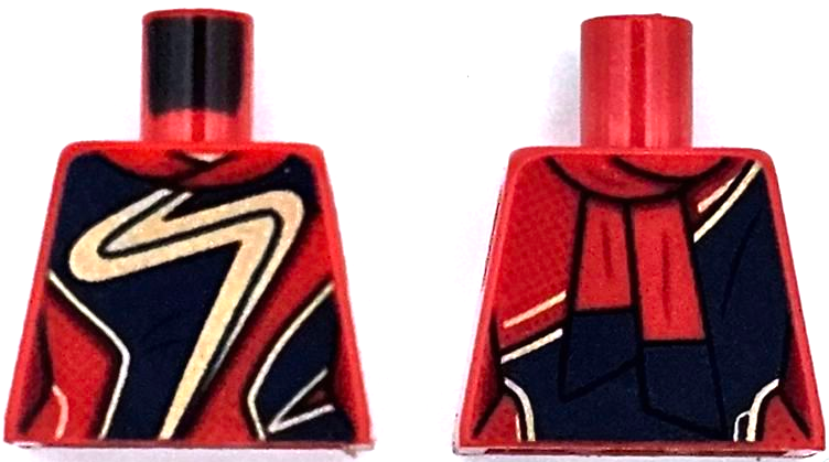Lego Torso Female Super Hero Costume with Dark Blue Panels, Gold Zigzag and Trim, Dark Red Dots, Sash Ends on Back Pattern / Red