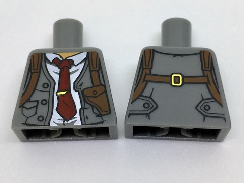 Lego Torso Vest, White Shirt Rumpled, Dark Red Tie, Shoulder Holster Pattern / Dark Bluish Gray