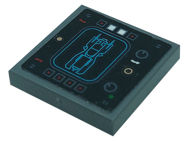 Lego Tile, Modified 2 x 2 Inverted with Control Panel with Batmobile Image, Buttons, Dials, and Curved Arrows Pattern (Sticker) - Set 76139 / Dark Bluish Gray