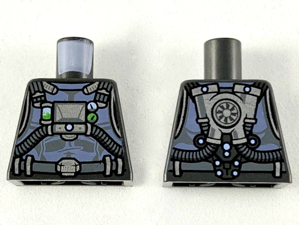Lego Torso Armor with Sand Blue Highlights, Dark Bluish Gray Hoses, Silver Gear and Buckle Pattern / Pearl Dark Gray