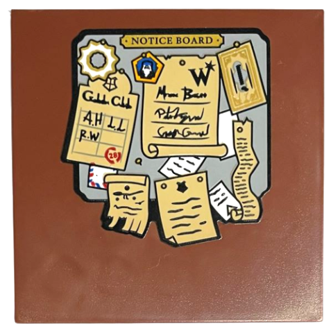 Lego Tile 6 x 6 with Bottom Tubes, Textured Surface with 'NOTICE BOARD' with Tan and White Paper Clippings on Light Bluish Gray Background Pattern (Sticker) - Set 76405 / Reddish Brown