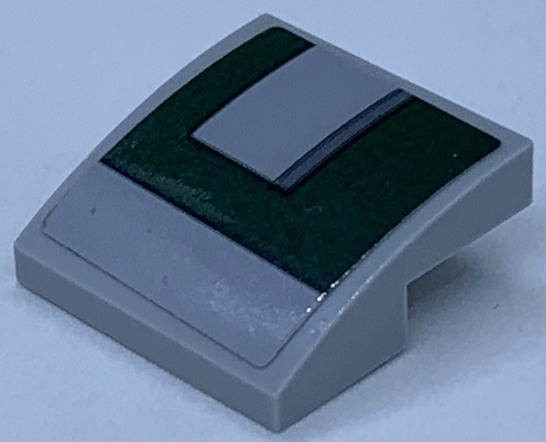 Lego Slope, Curved 2 x 2 x 2/3 with Dark Green Panel on Light Bluish Gray Background Pattern Model Left Side (Sticker) - Set 75243 / Light Bluish Gray