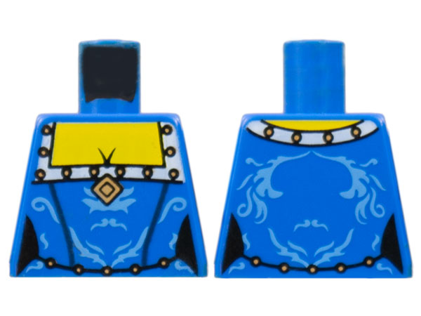 Lego Torso Female Dress with Medium Blue Decorations and White Squared Collar with Gold Dots, Diamond Brooch, Yellow Chest Pattern / Blue