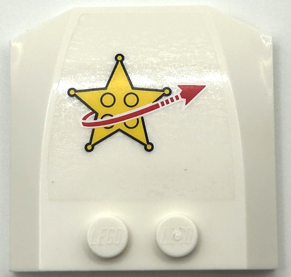 Lego Wedge 4 x 4 x 2/3 Triple Curved with Yellow Star Justice Badge and Red Arrow Pattern 1 (Sticker) - Set 10191 / White