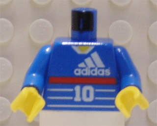 Lego Torso Soccer Adidas Logo, Red Stripe, Number 10, Zidane on Back Pattern / Blue Arms / Yellow Hands