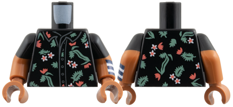 Lego Torso Button Up Shirt with White and Coral Flowers, Sand Green Leaves Pattern / Sienna Arm Left with Molded Black Short Sleeve and Printed Dark Blue and White Wristband Pattern / Sienna Arm Right with Molded Black Short Sleeve Pattern / Sienna Hands