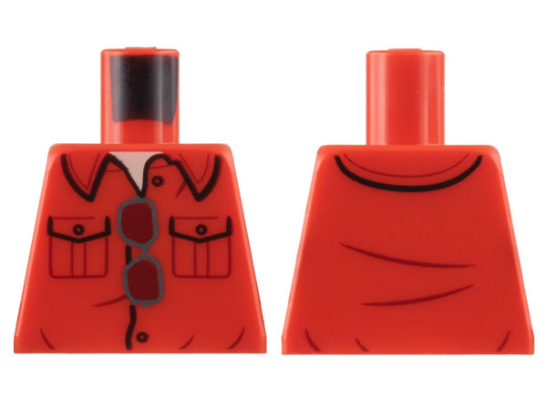 Lego Torso Collar Shirt with 2 Pockets, Light Nougat Neck, Silver Glasses with Dark Red Lenses Pattern / Red