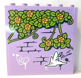 Lego Panel 1 x 6 x 5 with Lime Leaves and Bright Light Orange Flowers on Lavender Brick Wall with Graffiti Pattern (Sticker) - Set 41365