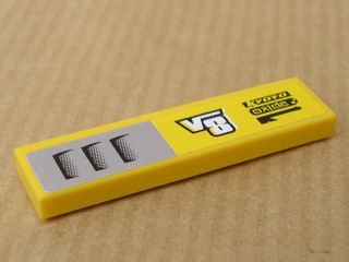 Lego Tile 1 x 4 with 'V8', 'Kyoto Oxide' and Intake Pattern Model Left Side (Sticker) - Set 8135 / Yellow