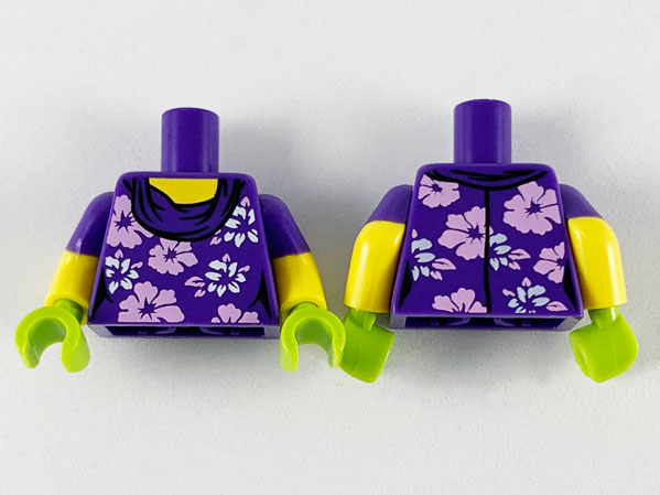 Lego Torso Female with White and Lavender Flowers Pattern / Yellow Arms with Molded Dark Purple Short Sleeves Pattern / Lime Hands