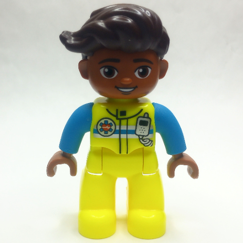 Lego Duplo Figure with Short Hair Dark Brown, with Vibrant Yellow EMT Suit print