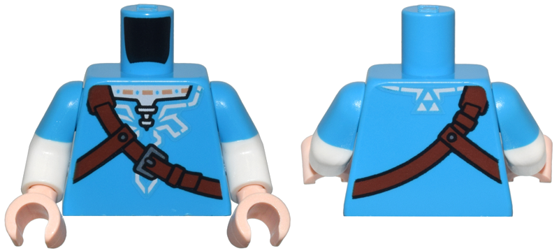Lego Torso Tunic, White Trim and Shirt, Reddish Brown Strap with Silver Buckle Pattern / White Arms with Molded Dark Azure Short Sleeves Pattern / Light Nougat Hands