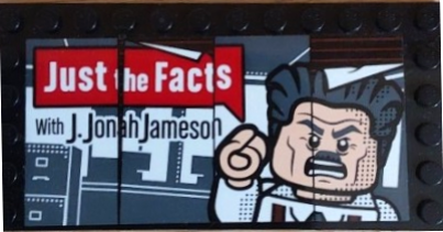 Lego Tile, Modified 6 x 12 with Studs on Edges with 'Just the Facts With J. Jonah Jameson' and Minifigure Pattern (Sticker) - Set 76178 / Black