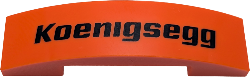 Lego Slope, Curved 4 x 1 x 2/3 Double with Black 'Koenigsegg' Pattern / Reddish Orange