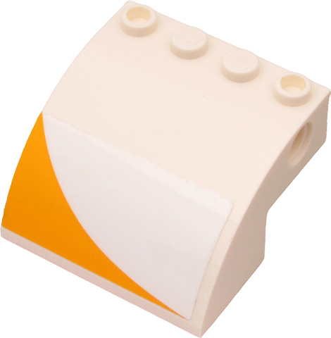 Lego Slope, Curved 4 x 4 x 2 with 4 Studs and Pin Holes with Bright Light Orange Corner Stripe Pattern Model Right Side (Sticker) - Set 60262 / White