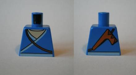 Lego Torso Avatar White Robe Trim and Belt, Brown Strap with Boomerang on Back Pattern / Blue