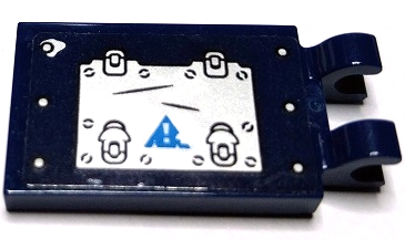 Lego Tile, Modified 2 x 3 with 2 Open O Clips with Silver Panel, Latches and Rivets and Dark Azure Warning Triangle with Exclamation Mark Pattern Model Right Side (Sticker) - Set 70429 / Dark Blue