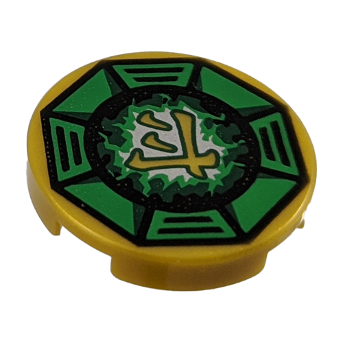 Lego Tile Round 2 x 2 with Airjitzu Lightning Symbol in Green Octagon Print / Pearl Gold