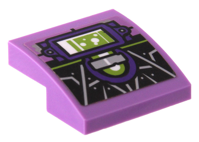 Lego Slope, Curved 2 x 2 x 2/3 with Lime Tube, Dark Purple and Silver Supports on Black Background with Silver Spider Web Pattern (Sticker) - Set 80022