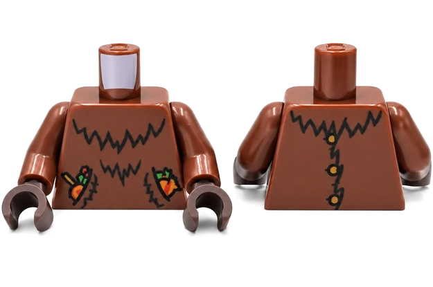 Lego Torso Animal (Werewolf) Costume with Dark Brown Fur and Red, Bright Green and Orange Candy in Pockets Pattern (BAM) / Reddish Brown Arms / Dark Brown Hands