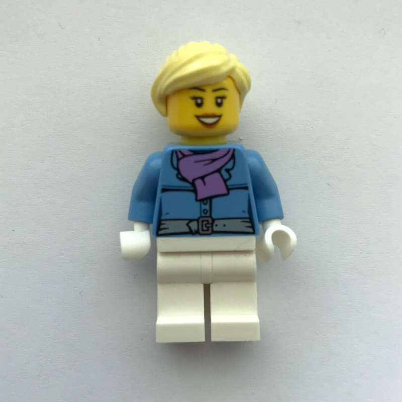 Lego Woman, Medium Blue Jacket with Medium Lavender Scarf, White Legs