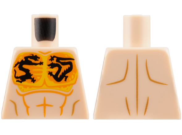 Lego Torso Bare Chest, Orange, Bright Light Orange and Black Dragon Tattoos, Medium Nougat Muscle Contours Pattern / Light Nougat