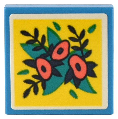 Lego Tile 2 x 2 with Coral Flowers, Dark Turquoise and Dark Blue Leaves on Yellow Background Pattern (Sticker) - Set 41732