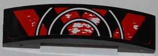 Lego Slope, Curved 4 x 1 x 2/3 Double with Red and Black Danger Stripes and 3 White Half Circles Pattern (Sticker) - Set 9092 / Black