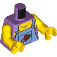 Lego Torso, Medium Blue Overall, Lavender Shirt, Heart Patch Print, Yellow Arms and Hands / Medium Lavender
