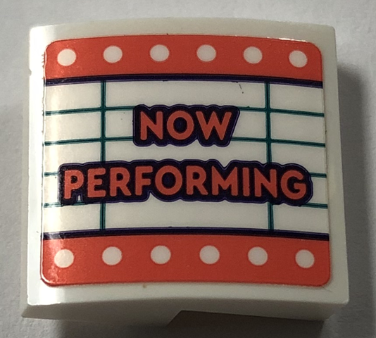 Lego Slope, Curved 2 x 2 x 2/3 with Theater Sign with Coral Border and 'NOW PERFORMING' Pattern Model Left Side (Sticker) - Set 41714