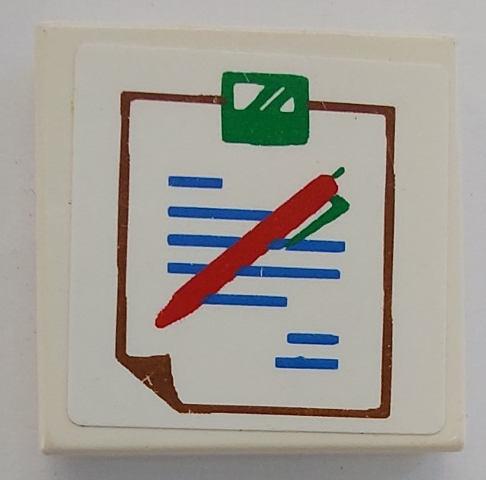 Lego Tile 2 x 2 with Hospital Chart with Brown Outline, Blue Text, and Red and Green Pen Pattern (Sticker) - Sets 5874 / 5875 / 5876