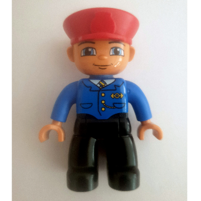 Lego Duplo Figure with Police Style Hat Red, with Black Legs, Blue Jacket with Blue/Yellow Tie, Nougat Hands, Smile with Closed Mouth (Train Conductor)