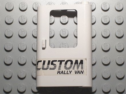 Lego Door 1 x 4 x 5 Train Right, Thin Support at Bottom with Black 'CUSTOM RALLY VAN' Pattern (Sticker) - Set 5550