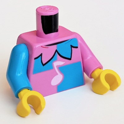 Lego Torso, Odd Arms, Jester Costume, Dark Azure and Dark Pink Collar, Bright Pink Note Print, Left Dark Pink Arm, Right Dark Azure Arm, Yellow Hands / Dark Pink