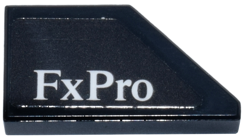 Lego Tile, Modified 1 x 2 Wedge Left with White 'FxPro' Logo Pattern (Sticker) - Set 77251